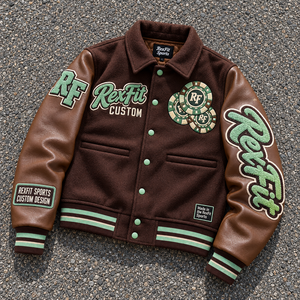 Veste de sport brodée pour homme Rexfit, veste varsity personnalisée, logo personnalisé en chenille, manches en cuir, fermeture à boutons pression, fournisseur de blousons bomber - Product Image 1