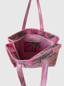 Pink <b>Corduroy</b> Tote <b>Bag</b> With Leopard And Bird Pattern Bohemian Style Open Top For Shopping All Seasons - Product Image 4