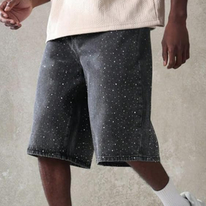 Men's Stonewashed Denim <b>Shorts</b> With <b>Sequined</b> Glitter Print Mid Waist Straight Leg Casual Summer Cotton Breathable Woven Style - Product Image 1