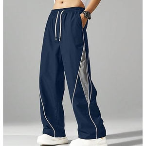 Men’s Casual Navy Blue Track Pants Lightweight Windbreaker Jogger Trousers with White Contrast Piping and Side Panel <b>Athletic</b> - Product Image 4