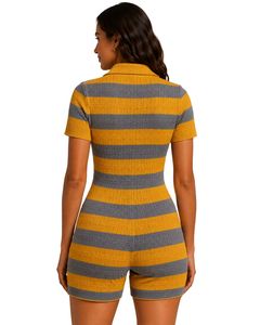 Mono de punto a rayas amarillo y gris para mujer, manga corta, cuello polo, algodón, verano, informal, de una pieza, ajustado, diseño personalizado - Product Image 2
