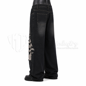 Jeans noirs déchirés pour homme, coupe large, style streetwear, patchwork, coupe ample - Product Image 4