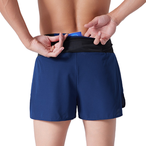 Shorts de sport pour homme à séchage rapide avec poches, taille mi-haute élastique, couleur unie, tissu tricoté, logo frontal, noir, rouge, gris, bleu - Product Image 3
