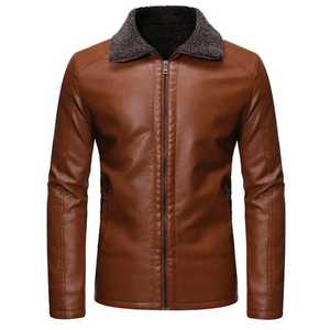 Chaqueta de Cuero Marrón para Hombre, Cuello Mao, Cierre de Cremallera, Estilo Casual, Forro de Cuero, Ropa de Invierno, Corte Ajustado, Calefactable, LONG MISSION - Product Image 1