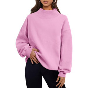 Women's Oversized <b>Stand</b> Collar Printed Sweatshirt Solid Color Front <b>Drop</b>-Shoulder Long Sleeve Knitted Cotton Winter Autumn Wear - Product Image 5