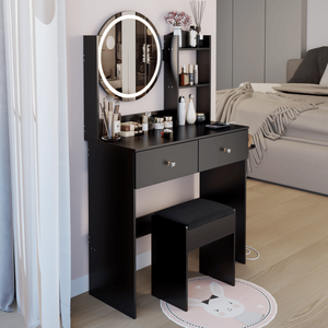 Tavolo da Trucco con Specchio LED da 17 Pollici, Sgabello Imbottito, 2 Prese AC+2 USB, Grande Specchio con Interruttore Touch, 3 Colori, Vanity per il Trucco - Product Image 5