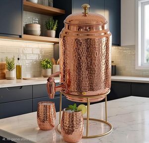 Antique Embossed <b>Metal</b> Water Dispenser Matka with Tap – Premium Copper/Bronze Finish Decorative Beverage Pot - Product Image 5