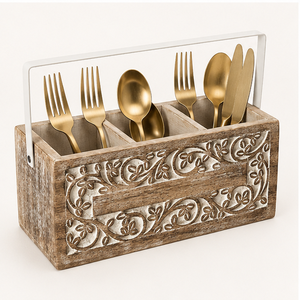 Handcrafted Mango Wood Cutlery Holder With Metal Handle Rustic Farmhouse Utensil <b>Caddy</b> With 3 Compartments For <b>Kitchen</b> Organizer - Product Image 2