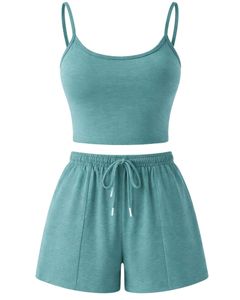 Customized Teal Women Camisole And Shorts <b>Set</b> Summer Two Piece Outfit Cotton Blend Crop Top Drawstring Shorts Casual Lounge <b>Set</b> - Product Image 1