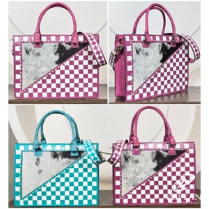 Sacs fourre-tout pour femmes en cuir à carreaux de qualité supérieure, grande capacité, style occidental, sacs à bandoulière en cuir de vachette véritable, vente en gros - Product Image 1