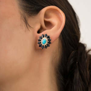 14K Gold Cluster Sapphire and Turquoise Halo Art Deco Fine Stud Earrings - Product Image 1
