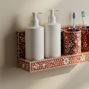 Organizador de Baño Artesanal con Incrustaciones Florales en Hueso, Estante de Vanidad Montado en la Pared con Dispensadores Dobles de Jabón y Portacepillos de Dientes - Product Image 5