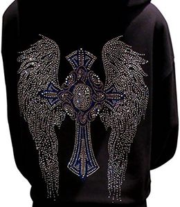 Sweat-shirt en coton tricoté unisexe noir de qualité supérieure avec strass, croix et ailes d'ange, style gothique, coupe classique, fabricant OEM - Product Image 4