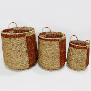Paniers de rangement en jonc de mer naturel tressé à la main, écologiques, avec poignées, style rustique, multi-usages, forme ronde, ensemble de paniers de rangement pour la lessive - Product Image 4