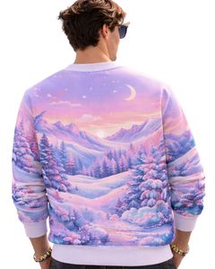 Sweat-shirt personnalisé imprimé en 3D avec paysage d'hiver violet rose, col rond décontracté pour homme, sublimation personnalisée, haut d'automne et d'hiver - Product Image 3