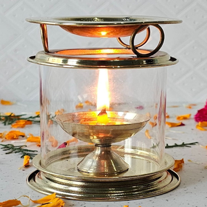 Elegant Golden Brass Lotus <b>Stand</b> Glass <b>Tea</b> Light Candle Holder for Home Temple Puja, available at wholesale prices. - Product Image 6