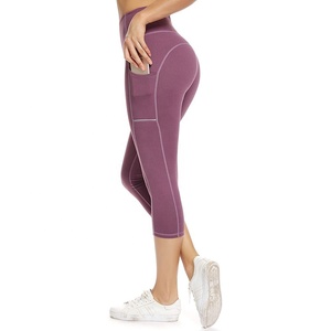 High Waist <b>Cropped</b> <b>Leggings</b> With Pockets Solid Color Sporty Style Spandex Nylon Knitted Stretch Breathable Quick Dry Women's - Product Image 6