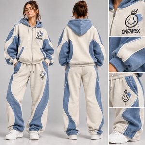 <b>Women's</b> Ice Blue <b>White</b> Zip Hoodie Tracksuit Set Color Block Panel Design Oversized <b>Jogger</b> Pants Streetwear - Product Image 3