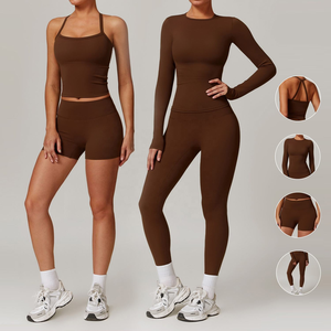 Conjunto de Yoga de 2 Piezas para Mujer, Transpirable y de Secado Rápido, con Top Halter de Manga Larga y Leggings Antibacterianos, Venta al Por Mayor, Marca Privada - Product Image 4