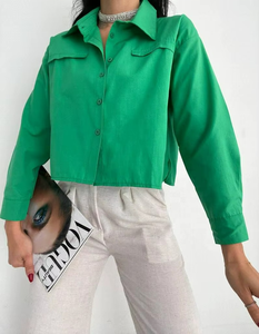 Women's Cropped Cotton Woven Breathable Simple Vintage Long Sleeve Button-Up Shirt Blouse Casual Summer Fashion Green - Product Image 1