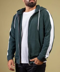 Sweat-shirt à capuche zippé vert foncé pour homme, coupe classique, couleur unie, en molleton de coton, décontracté, pour l'automne - Product Image 5