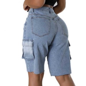 Shorts de Mezclilla Cargo de Cintura Alta para Mujer, Estilo Casual de Verano, Desgastados, con Dobladillo Deshilachado, Estilo Utilitario, Azules, Impermeables, Resistentes al Viento, de Secado Rápido - Product Image 5