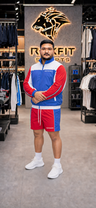 REXFIT SPORTS 2026 Conjunto Deportivo Personalizado para Hombre en Azul, Rojo y Blanco, Chaqueta con Cremallera y Pantalones Cortos de Nailon, Ropa Deportiva de Marca Privada para Equipos - Product Image 3