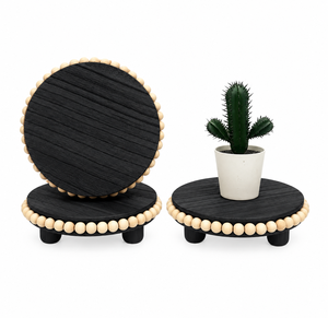 Soporte de exhibición redondo de madera natural con borde de cuentas, bandeja pedestal para macetas, velas, encimera de cocina, venta al por mayor - Product Image 4