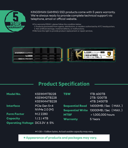 Kingsman Gaming S1000 SSD M.2 PCIe Gen5 4TB ฮาร์ดดิสก์แบบโซลิดสเตทภายในสำหรับคอมพิวเตอร์ตั้งโต๊ะ - Product Image 3