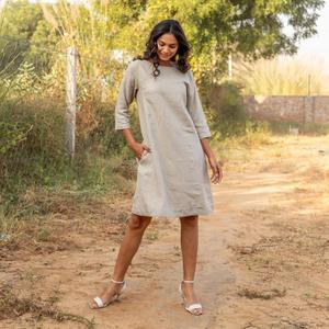 Robe d'été décontractée en coton et lin pour femme, manches 3/4, col rond, ample, confortable, légère, longueur midi - Product Image 2