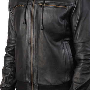 Men's Black Genuine Leather Waterproof Breathable Zip-Up Moto Style Casual Autumn Wear Bomber Jacket - Product Image 6