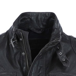 Men's Black Leather Moto Biker Jacket Stand Collar Button Closure Washed Finish Autumn Wear - Product Image 4
