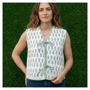 Chaleco Reversible Acolchado 100% Algodón Puro para Mujer, Estampado Floral, Sin Mangas, Hecho a Mano, con Lazos Delanteros, Chaqueta Ligera - Product Image 1