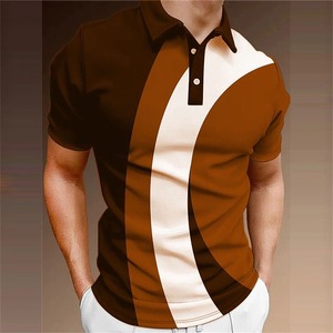 Polo à manches courtes rayé bleu et blanc pour homme, coupe ajustée, décontracté, tricoté, respirant, en polyester, design color block - Product Image 4