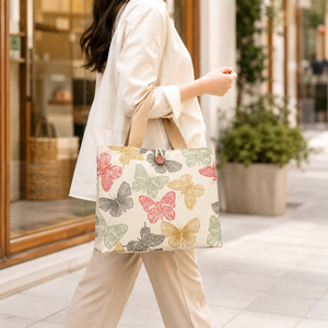 Premium Cotton Canvas Tote <b>Bag</b> Multicolor Butterfly Design Double Short Handles <b>Medium</b> <b>Size</b> Reusable Shopping Handbag Eco - Product Image 2
