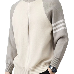 Cardigan en maille épais pour homme, col montant zippé, respirant, polyester/coton, avec chaînes décoratives sur le devant – Collection Automne Hiver - Product Image 1