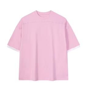 เสื้อยืดแขนสั้นคอโอสีชมพู แต่งขอบตัดกัน สไตล์ลำลอง ไซส์ใหญ่สำหรับผู้ชาย สีพื้น - Product Image 1