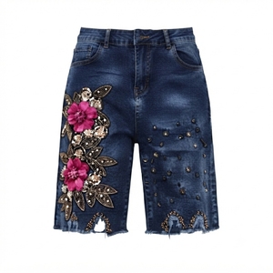 High Waist Denim <b>Shorts</b> With Floral <b>Sequin</b> Embroidery Distressed Hem Bohemian Style Breathable Summer Women's <b>Shorts</b> - Product Image 4