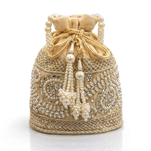 Handmade <b>Cream</b> Embroidered Potli Purse With Pearl Trim For Wedding Decoration - Product Image 4