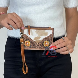 Premium Quality Tooled Genuine Leather Mini <b>Card</b> <b>Holder</b> <b>Wallet</b> Vintage Floral Design Zipper Closure Wristlet Purse for Unisex - Product Image 1