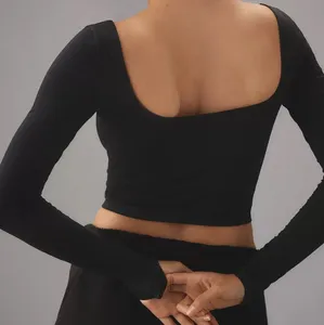 Women Long Sleeve <b>Crop</b> <b>Top</b> Black Knitted Spandex Polyester Slim Fit Casual O-Neck Solid Color Breathable - Product Image 6