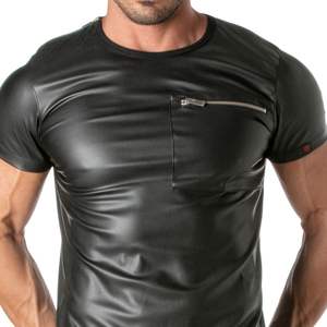 Camiseta con cremallera y bolsillo para hombre, estilo cuero negro, corte ajustado, ropa de fiesta, moda fetish. - Product Image 2