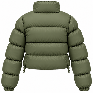 Women's Olive Green Quilted Puffer <b>Jacket</b> Stand Collar Full <b>Sleeve</b> <b>Short</b> Winter Coat Polyester Wadding Zipper Closure - Product Image 2