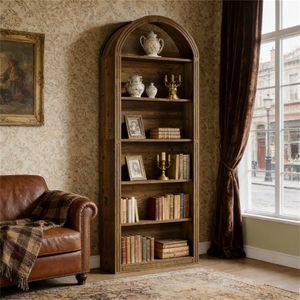 Libreria Alta in Legno con Arco, Scaffale Espositivo e Piattaforma per Libri e Piante - Product Image 3