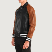 Blouson Bomber Homme Noir en Cuir Véritable Color Block Respirant Coupe Ample Noir Marron Fermeture Éclair Col Montant Décontracté Automne