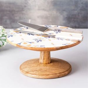 Elegante Soporte Redondo de Mármol y Madera con Diseño Floral para Pasteles, Bandeja de Exhibición de Postres, Pedestal Personalizado al por Mayor para Fiestas y Suministros de Panadería - Product Image 1