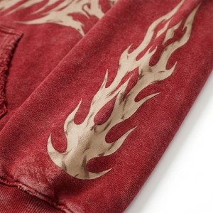 Red Distressed <b>Zip</b> <b>Up</b> <b>Hoodie</b> Men Oversized Streetwear <b>Graphic</b> Fleece Sweatshirt Custom Casual Fashion Jacket - Product Image 4