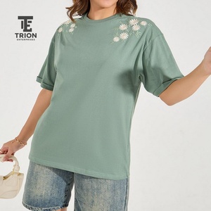 T-shirt à manches courtes pour femme, col rond, broderie florale, coupe ample décontractée, vêtements de printemps et d'été, 100% coton, tricoté - Product Image 6