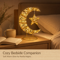 Petite lampe croissant à piles en fil tressé avec ruban satiné crème et étoile suspendue pour la décoration de chevet du Ramadan