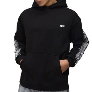 <b>Oversized</b> Men <b>Hoodie</b> Cotton <b>Fleece</b> 450 GSM Floral Sleeve Print Pouch Pocket Streetwear Wholesale Private Label Black Pullover - Product Image 1